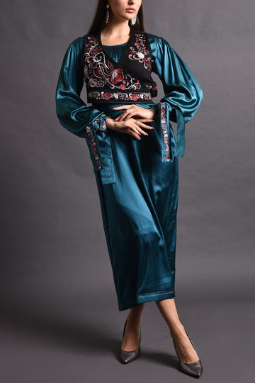 Satin Dress with Embroidered Vest